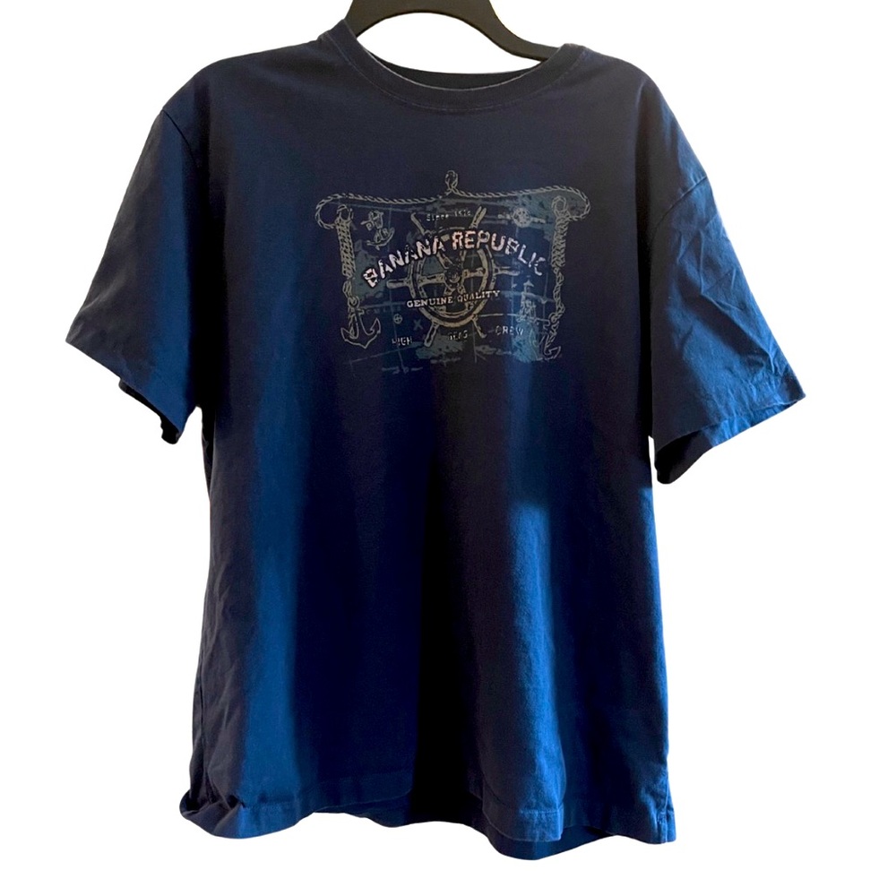 Vintage 90’s Banana Republic Men’s T-shirt.  XL Navy Blue with Nautical graphics